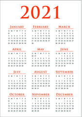 Calendar year 2021 calendar vector design template, simple and clean design
