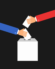 Man is inserting ballot paper into ballot box - election, poll and voting.  Rivalry and competition between two rivals from opposition. Vector illustration.