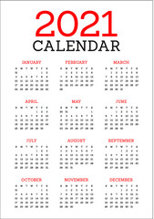Calendar year 2021 calendar vector design template, simple and clean design