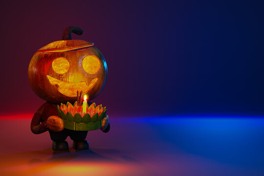 3d rendering of the cute characters of jack o lantern holding Krathong for Halloween 2020 and Loy Krathong Thai Traditional in the same day event.