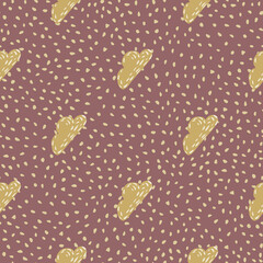 Sky seamless doodle pattern with clouds ornament in autumn colors palette. Ocher shapes on maroon dotted background.