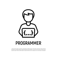 Programmer thin line icon. Coding on laptop. Freelancer, work at home. Vector illustration.