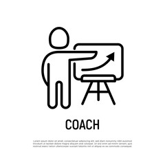 Fototapeta premium Coach, presenter, lecturer, teacher, trainer thin line icon. Man demonstrates graph of growth on board. Vector illustration.
