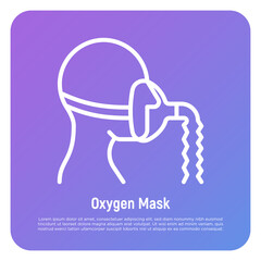 Oxygen mask thin line icon. Lack of oxygen, difficulty breathing. Medical treatment for covid-19. Vector illustration.