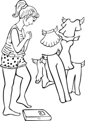 Vector illustration of a young woman weighing herself on the weight scale dreaming about clothes to fit. Black and white design for different purposes.