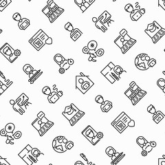 Work from home seamless pattern with thin line icons: online conference, freelancer, online education, programmer, developer, copywriter, web designer, product manager. Vector illustration.