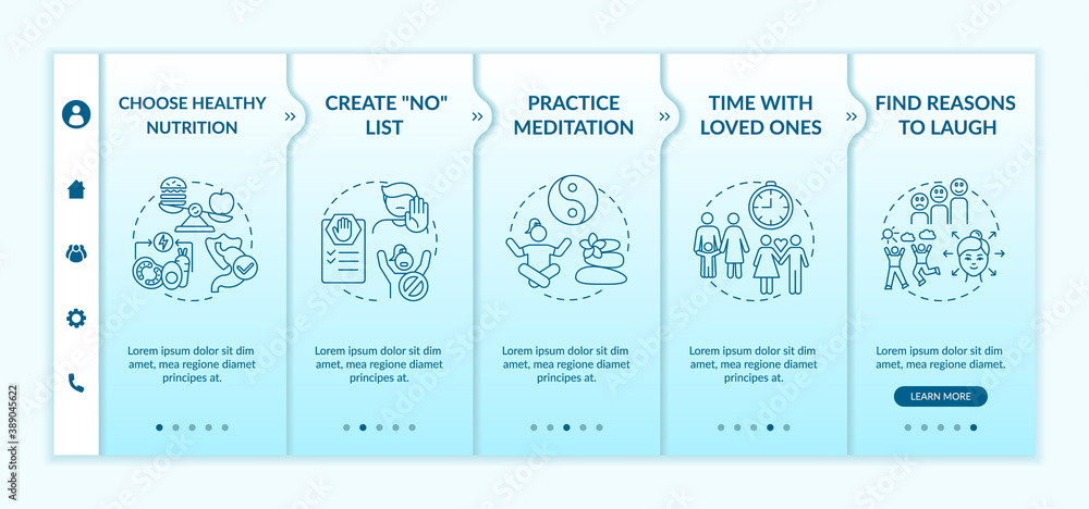 Poster self care checklist onboarding vector template. time with loved ones. find reasons to laugh. respons