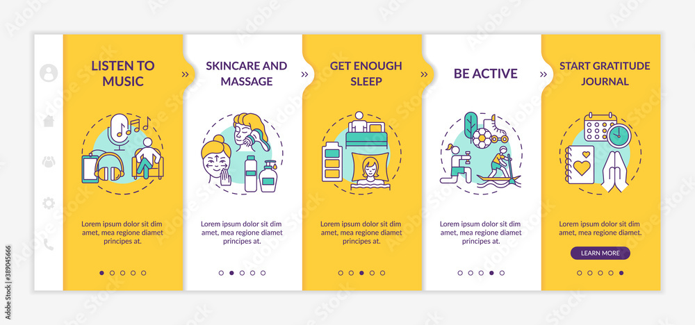 Poster self care practices onboarding vector template. start daily gratitude journal. be active person. res