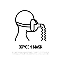 Oxygen mask thin line icon. Lack of oxygen, difficulty breathing. Medical treatment for covid-19. Vector illustration.
