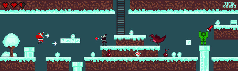 pixel art, underground battle in the style of pixel games 90s. Winter game with Santa Claus. Vector