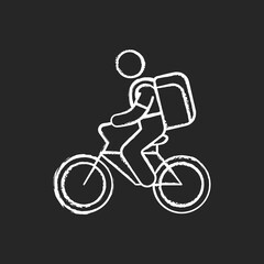 Obraz premium Food delivery person chalk white icon on black background. Meal and groceries delivery. Restaurant takeout. Online food ordering. Part-time job. Isolated vector chalkboard illustration