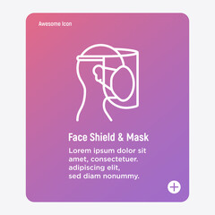Surgical mask and face shield thin line icon. Protection for doctor. Transparent plastic mask. New normal. Vector illustration.