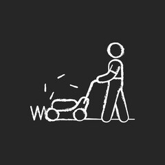 Lawn mower chalk white icon on black background. Groundskeeper. Grass cutter. Landscape maintenance. Cutting grass. Trimming hedges. Clearing leaves and snow. Isolated vector chalkboard illustration