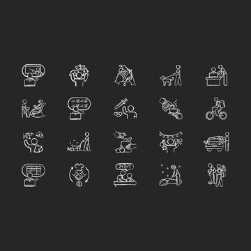 Teenager work experience chalk white icons set on black background. Barista. Golf caddy. Camp counselor. Car washer. Dog walker. Dishwasher. Grocery bagger. Isolated vector chalkboard illustrations