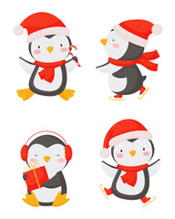 Christmas set with cute penguins in cartoon style on a white background.