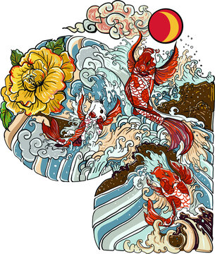 Japanese koi fish tattoo for chest and upper arm. Koi carp with water splash and peony flower tattoo.