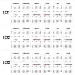 Calendar year 2021 2022 2023  vector design template, simple and clean design