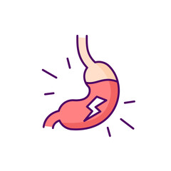 Indigestion RGB color icon. Dyspepsia. Upset stomach. Burning sensation in belly. Discomfort in upper abdomen. Heartburn. Gastrointestinal tract. Feeling full. Isolated vector illustration