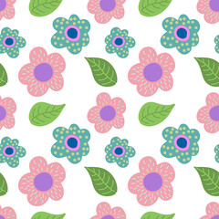 Boho flower with leaf seamless pattern isolated on white. Vector stock illustration. EPS 10