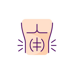 Abdominal muscle strain RGB color icon. Full rupture. Mild stretch. Pulled stomach muscle. Tear. Injury. Strengthening exercises. Swelling, cramping. Stiffness. Isolated vector illustration