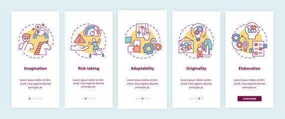 Creative thinking skills onboarding mobile app page screen with concepts. People imagination walkthrough 5 steps graphic instructions. UI vector template with RGB color illustrations