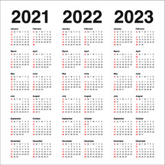 Calendar year 2021 2022 2023  vector design template, simple and clean design