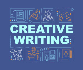 Creative writing word concepts banner. Storytelling and copywriting. Infographics with linear icons on navy background. Isolated typography. Vector outline RGB color illustration