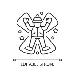 Snow angel linear icon. Winter fun. Seasonal entertainment for children. Christmas celebration. Thin line customizable illustration. Contour symbol. Vector isolated outline drawing. Editable stroke