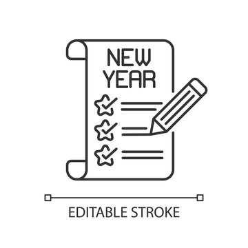 New Year resolutions linear icon. Annual plan. Checklist with task. Winter fun. Christmas season. Thin line customizable illustration. Contour symbol. Vector isolated outline drawing. Editable stroke