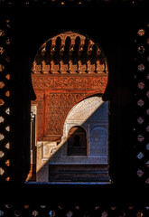View trough a window in an antique building in Meknes, Morocco
