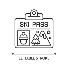 Ski pass linear icon. Lift ticket. Mountain elevator document. Skier identification. Thin line customizable illustration. Contour symbol. Vector isolated outline drawing. Editable stroke