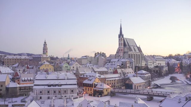 Time-lapse of Winter view old Town of Cesky Krumlov and Church in Cesky Krumlov, Czech republic