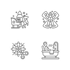 Winter holiday entertainment linear icons set. Sleigh ride with reindeer. Snow angel. Christmas fun. Customizable thin line contour symbols. Isolated vector outline illustrations. Editable stroke