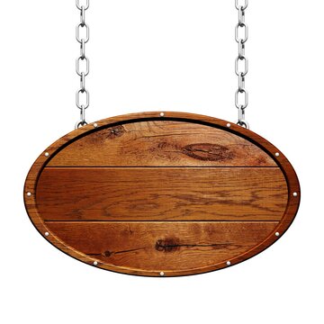 an Metallketten hängendes ovales Holzschild