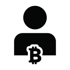 Currency icon vector bitcoin cryptocurrency blockchain with male person profile avatar for digital wallet in a glyph pictogram illustration