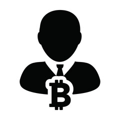 Crypto icon vector bitcoin digital currency symbol with male person profile avatar for wallet in a glyph pictogram illustration