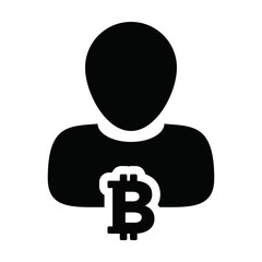 Bitcoin icon vector cryptocurrency symbol with male person profile avatar for digital currency in a glyph pictogram illustration