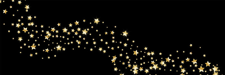 Confetti of shooting golden stars. Golden stars. Festive background, design cards, invitations. Abstract texture on a black background. Design element. Vector illustration, eps 10.