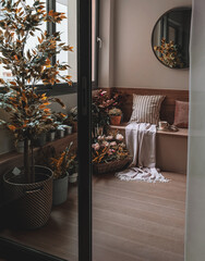Moody covered balcony Interior fall themed and cosy feeling with wooden floor
