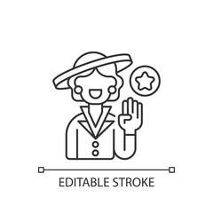 First lady linear icon. Political figure. Unofficial title. Role in public service. Thin line customizable illustration. Contour symbol. Vector isolated outline drawing. Editable stroke
