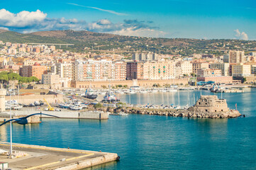 View of Civitavecchia, Rome's cruise and ferry port. City in the background, Sunny day, view from...