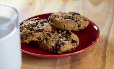 Chocolate Chip Cookies on red plate and Milk