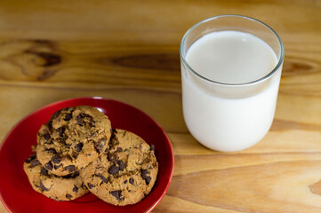 Chocolate Chip Cookies on red plate and Milk