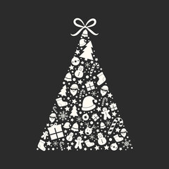Christmas tree on black background. Xmas ornament. Vector