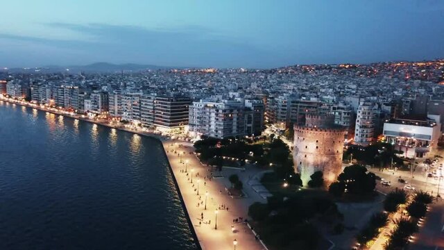 Thessaloniki aerial view after sunset and white tower in point of interest