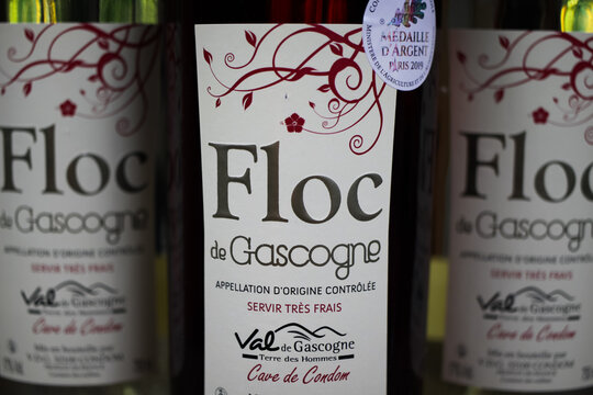 Viersen, Germany - July 9. 2020: Closeup of isolated Floc de gascogne bottle labels