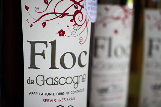 Viersen, Germany - July 9. 2020: Closeup of isolated Floc de gascogne bottle labels