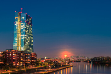 the main, city center, river main, landmarks, scenery, scenic, financial district, office building, main river, water, sunrise, dusk, twilight, high, houses, construction, skyscrapers, blue hour, ligh