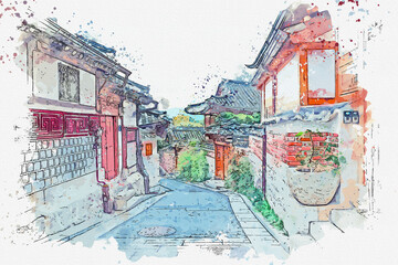 Watercolor drawing picture of Hanok famous old town at seoul south korea. © Destiny