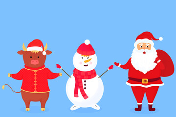 Santa Claus with a bag. A snowman in a scarf and a hat. Bull symbol of Chinese New Year